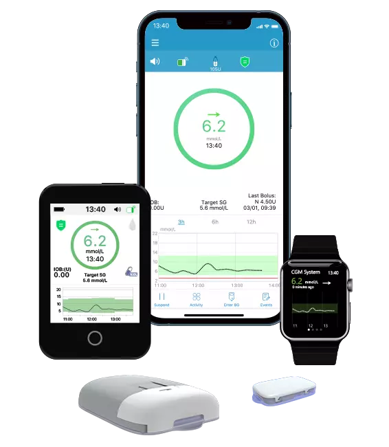 TouchCare Nano — detalhe do pod adesivo e display do PDM remoto com glicemia em tempo real